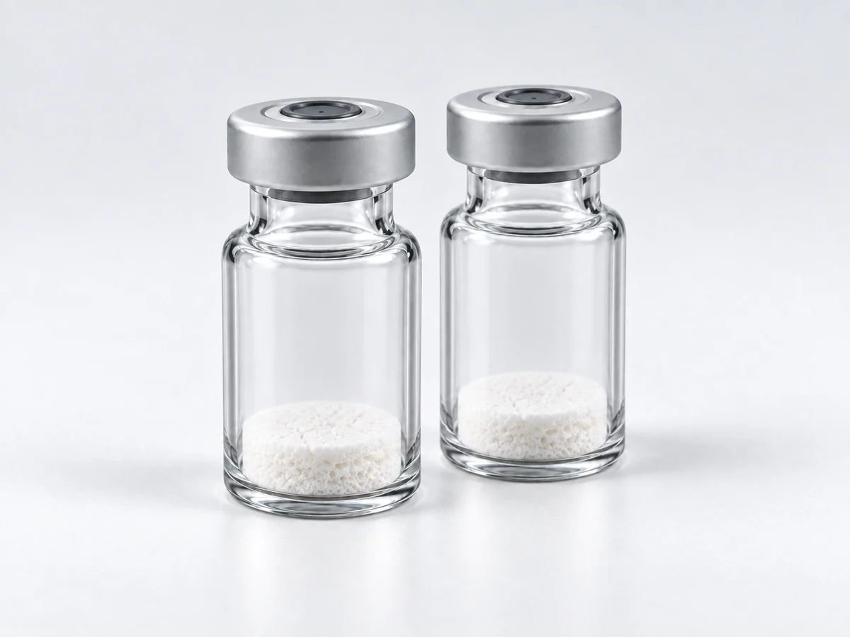 Two sealed glass vials containing a lyophilized solid