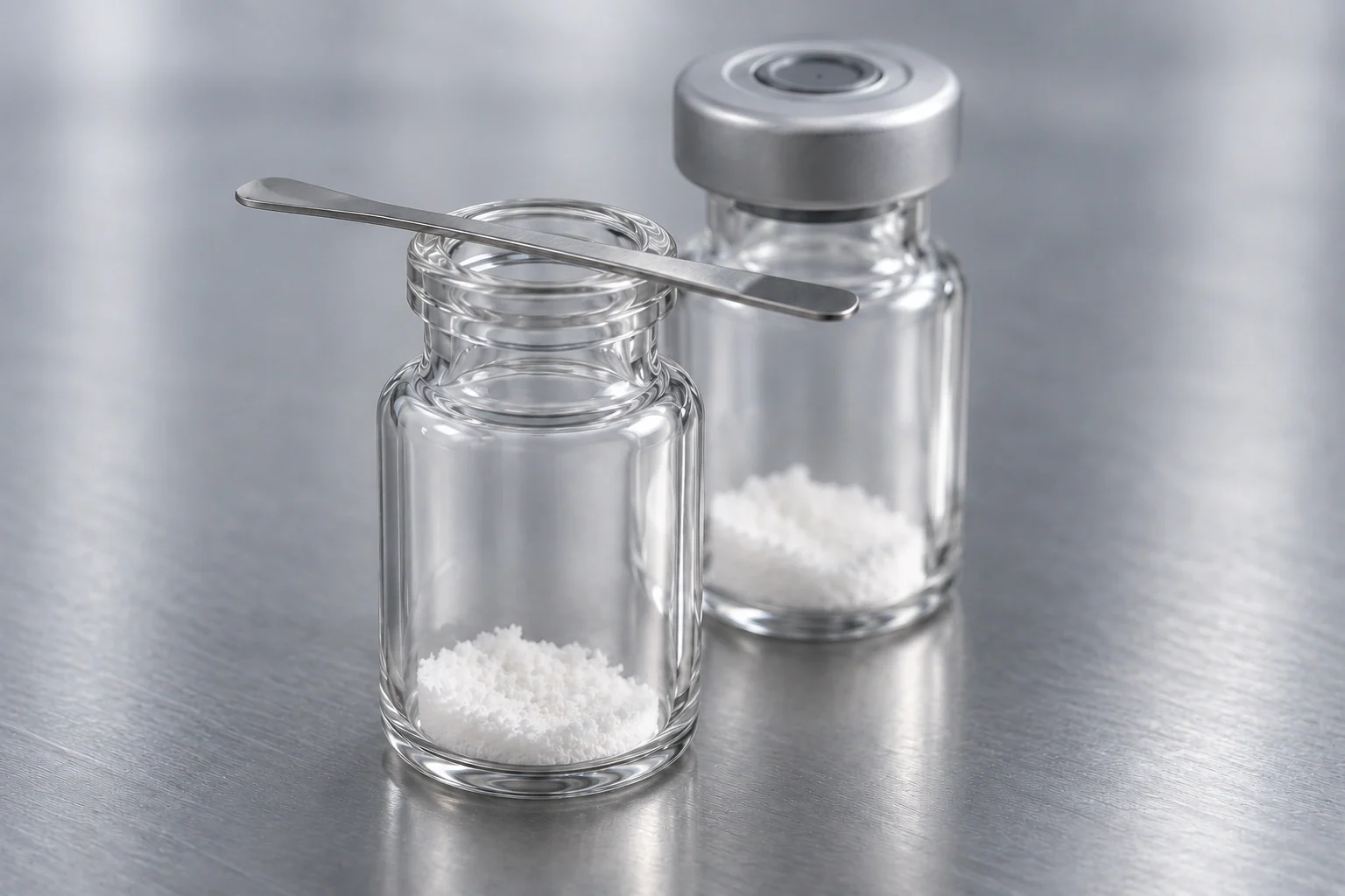 Two sealed vials and a spatula on a stainless-steel surface
