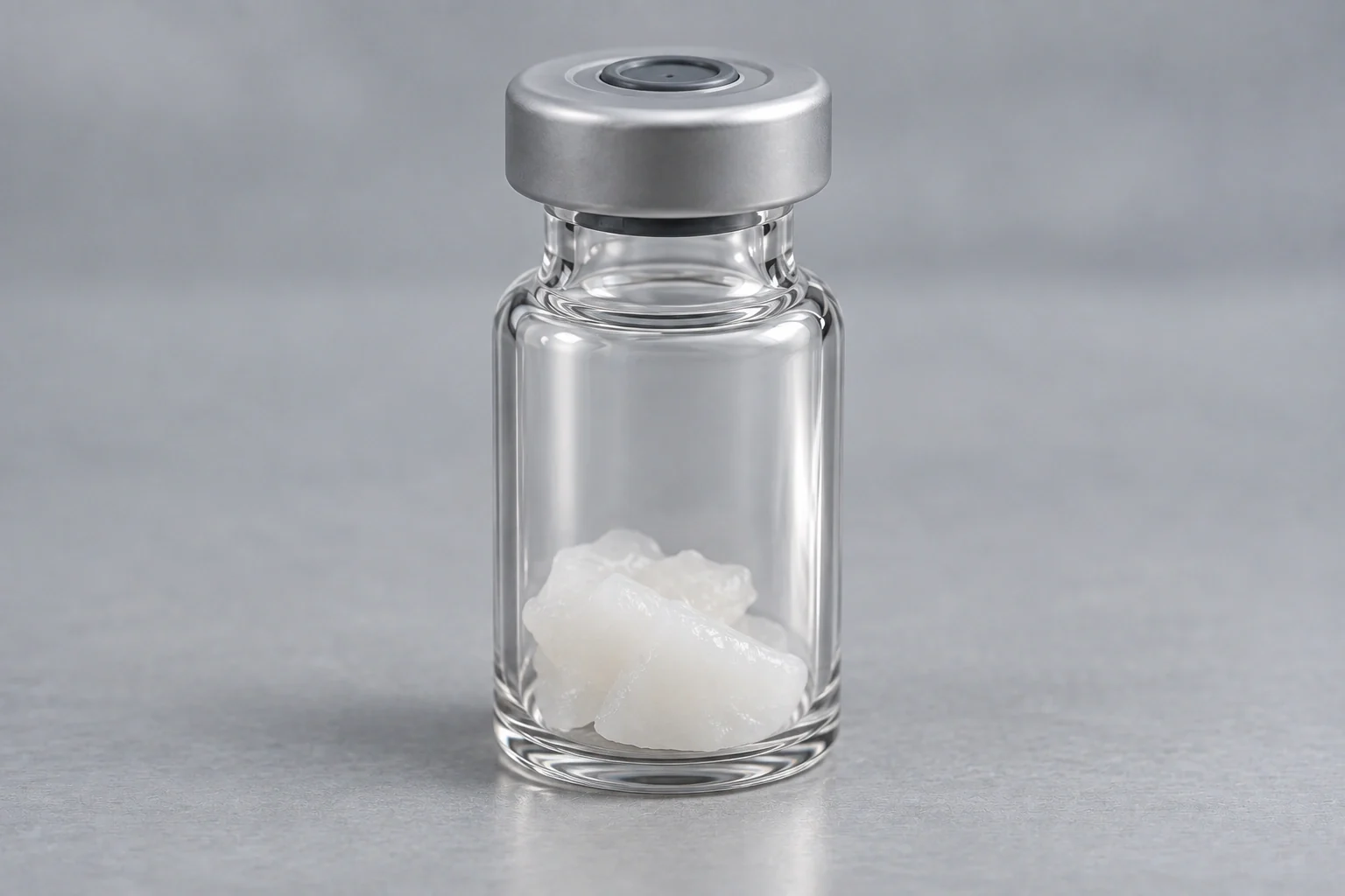 A sealed vial containing a lyophilized solid