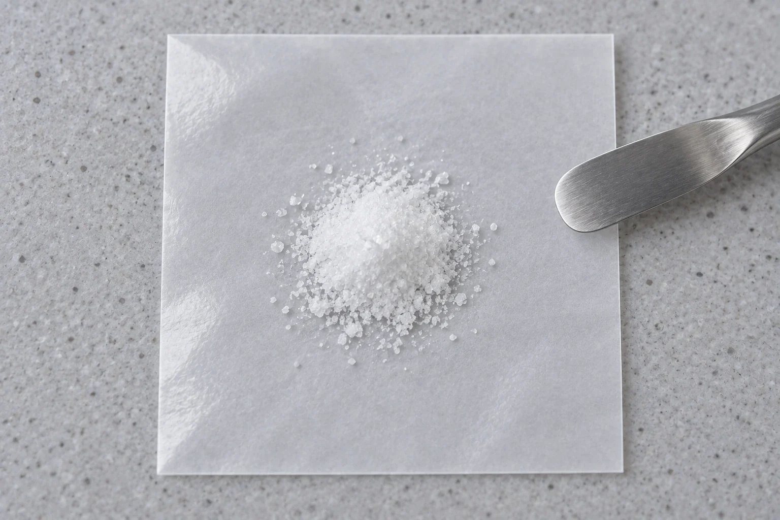 A weighed portion of white solid on a weighing paper