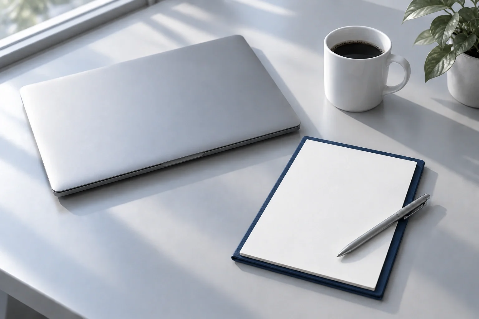 A laptop, notepad and pen on a desk