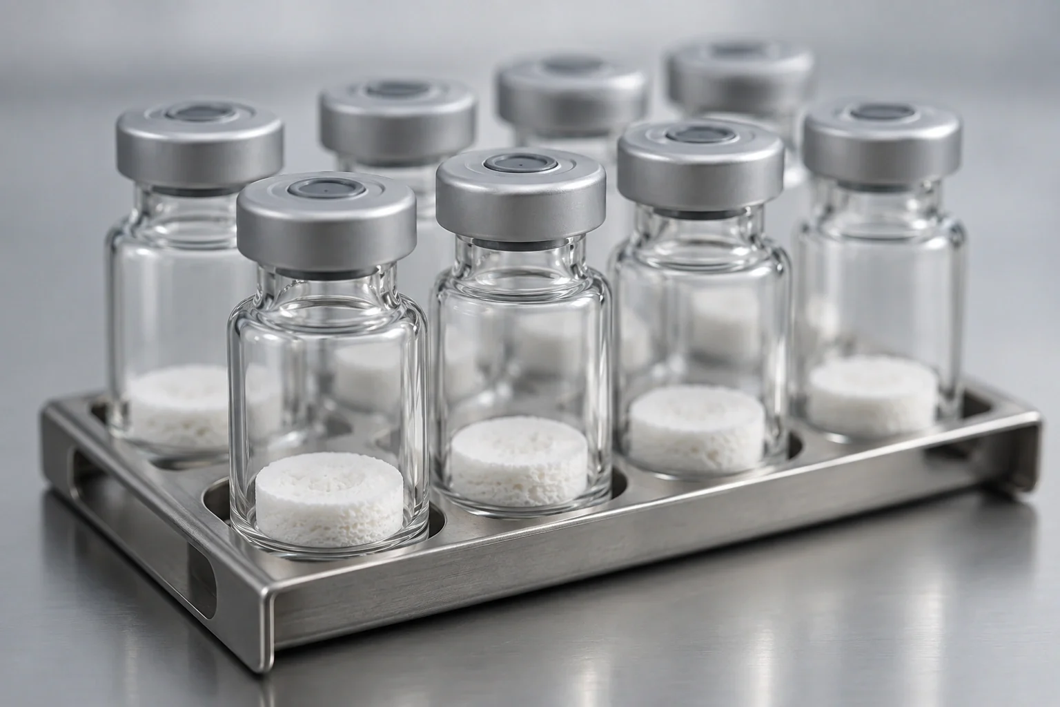 Sealed glass vials containing a lyophilized solid in a stainless tray