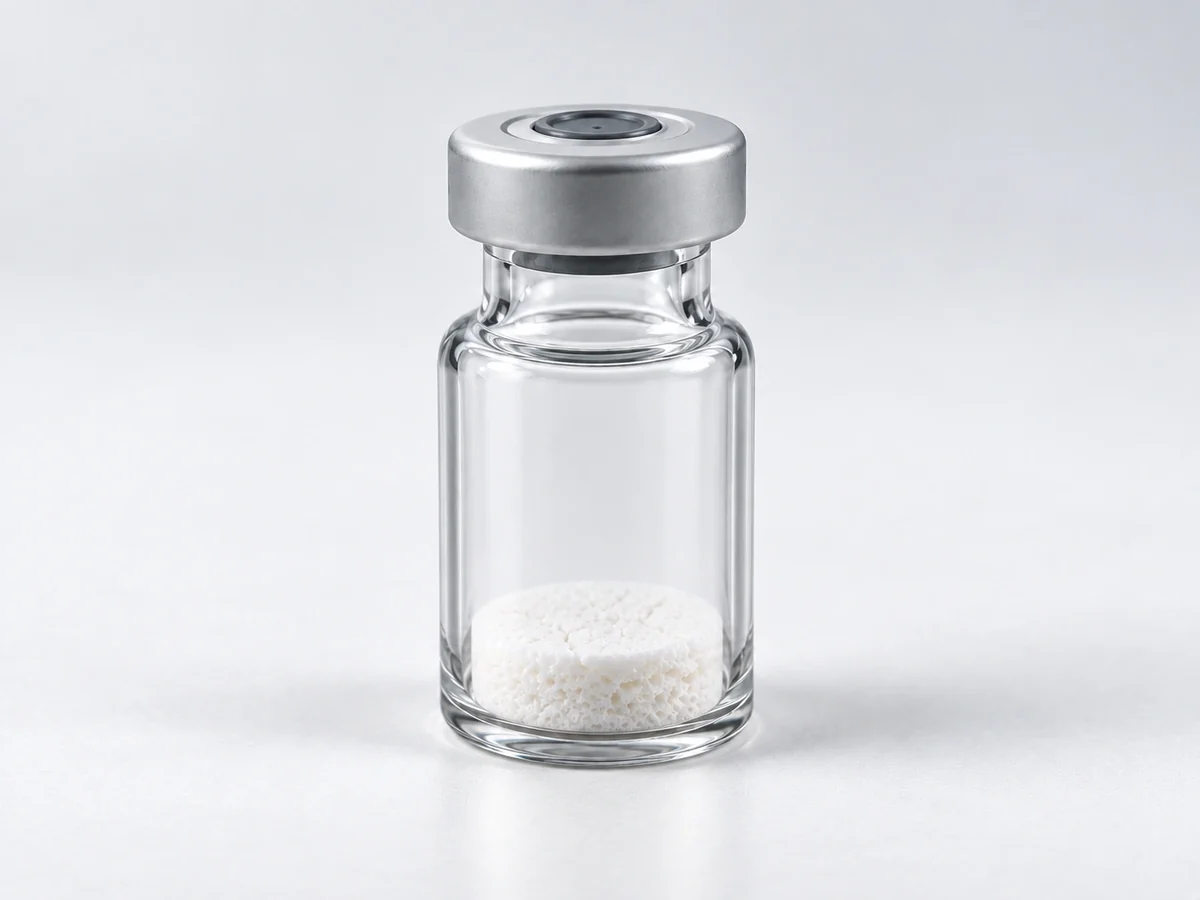 A sealed glass vial containing a lyophilized solid