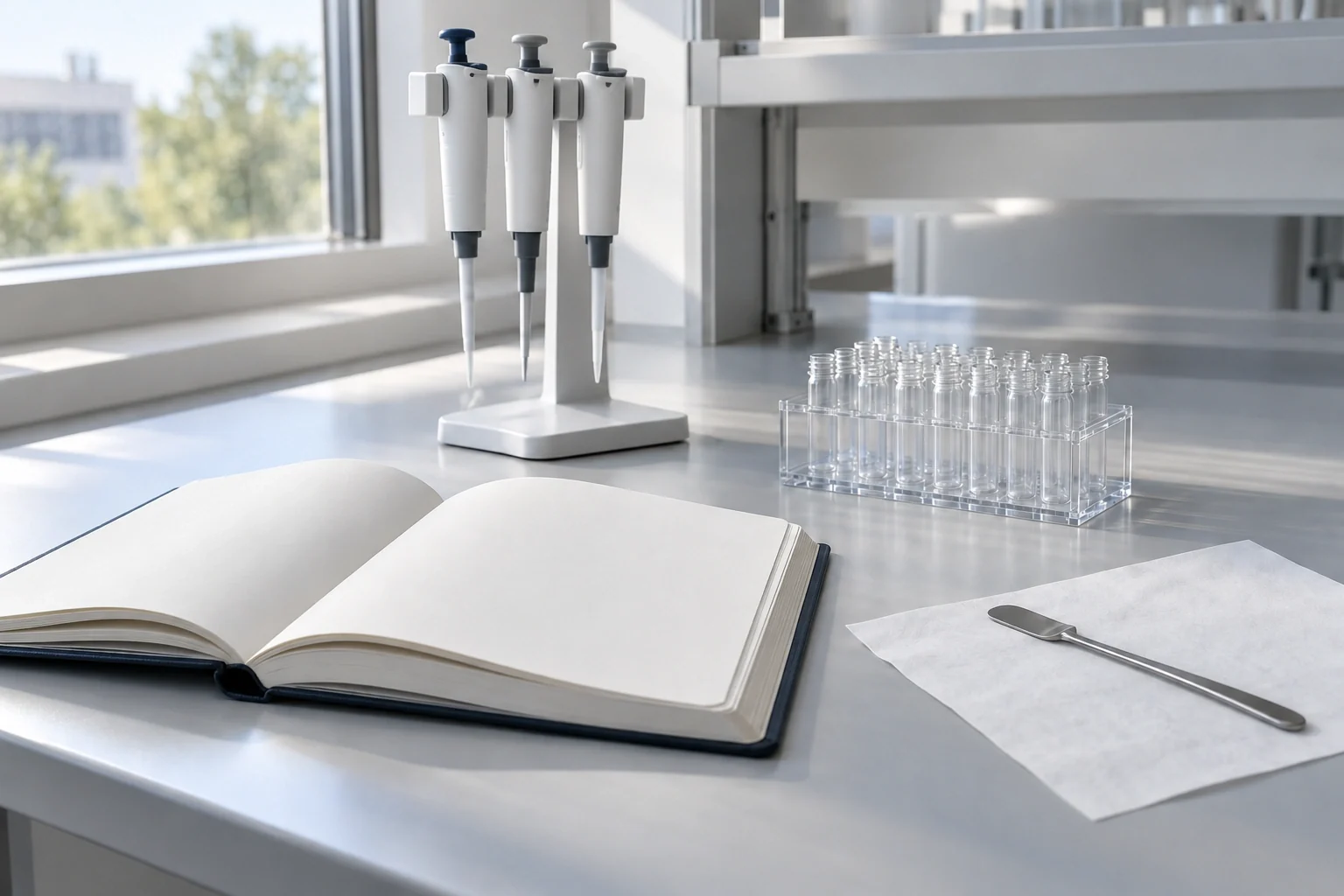 Pipettes, empty vials and a notebook on a laboratory bench