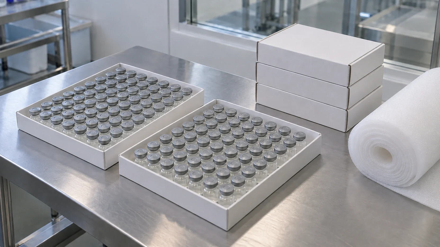 Sealed vial trays and packing material on a stainless-steel bench