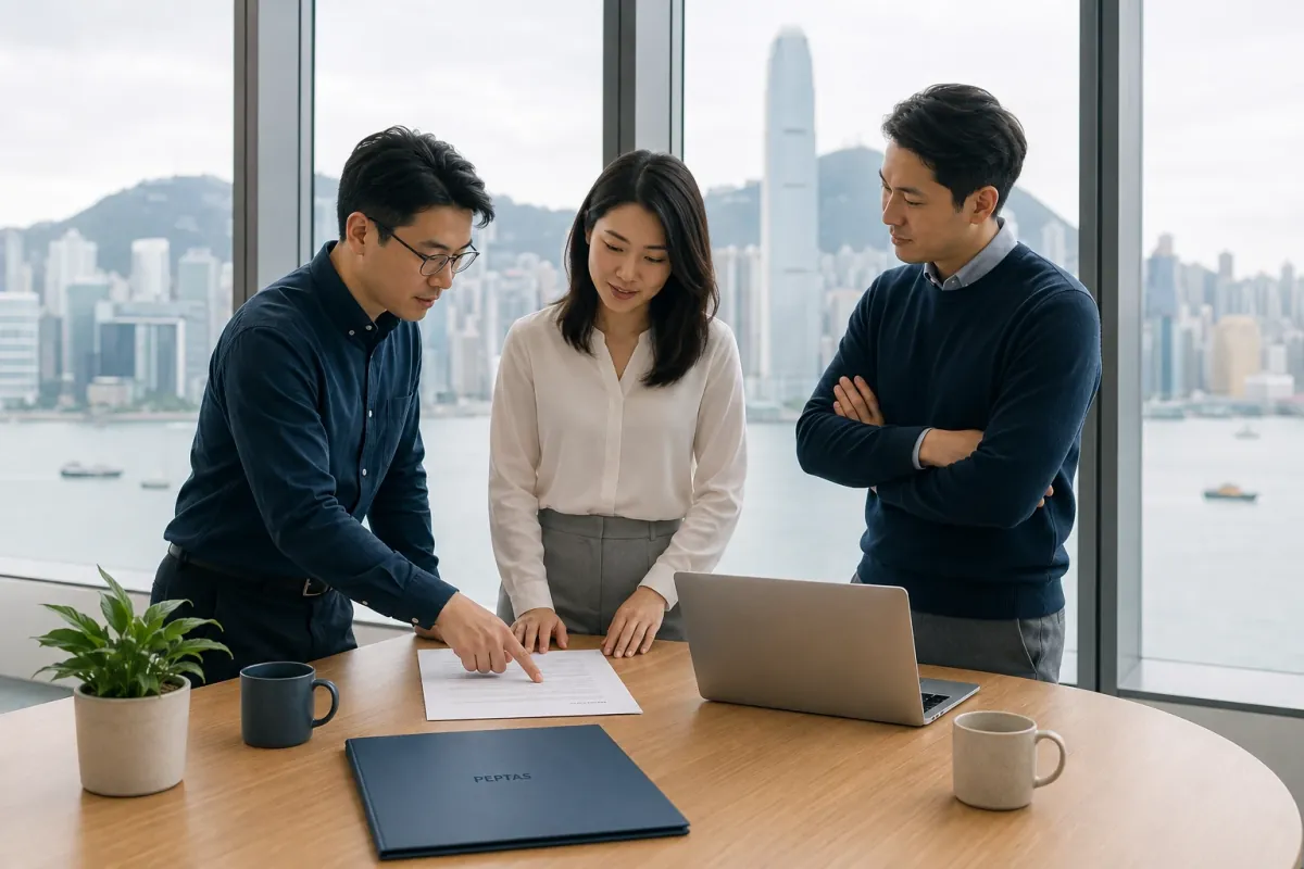 Three colleagues reviewing a printed page at a window-side table with a harbour view