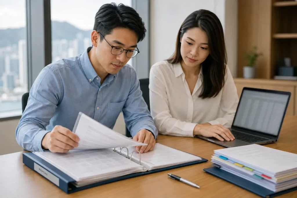 Two colleagues reviewing documentation in a ring binder beside a laptop