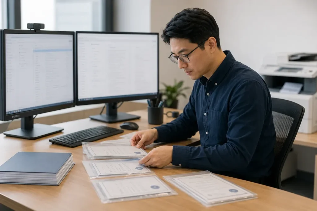 Office worker checking certificates in clear sleeves at a two-monitor desk
