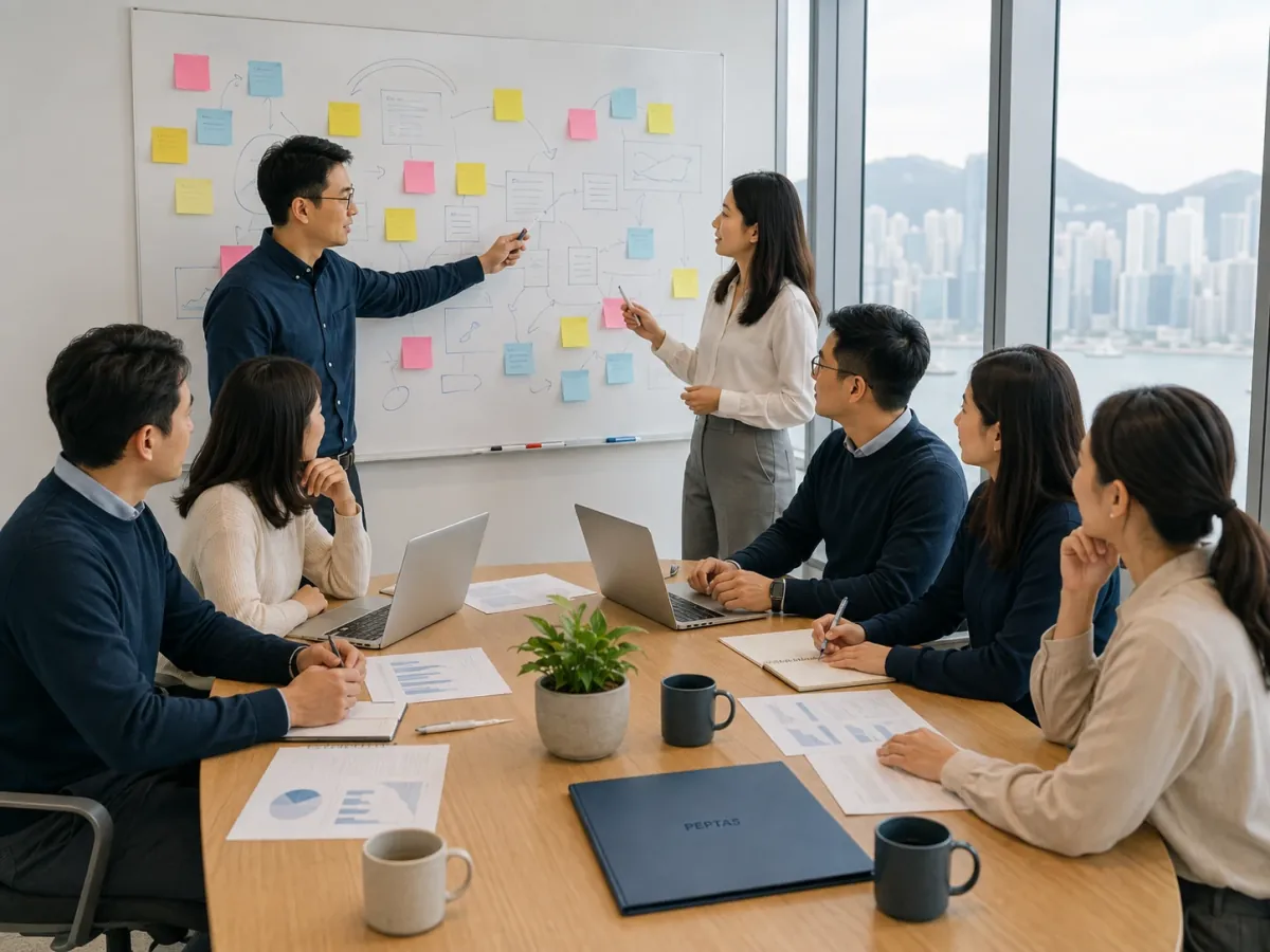 Team planning session at a whiteboard covered with sticky notes and diagrams