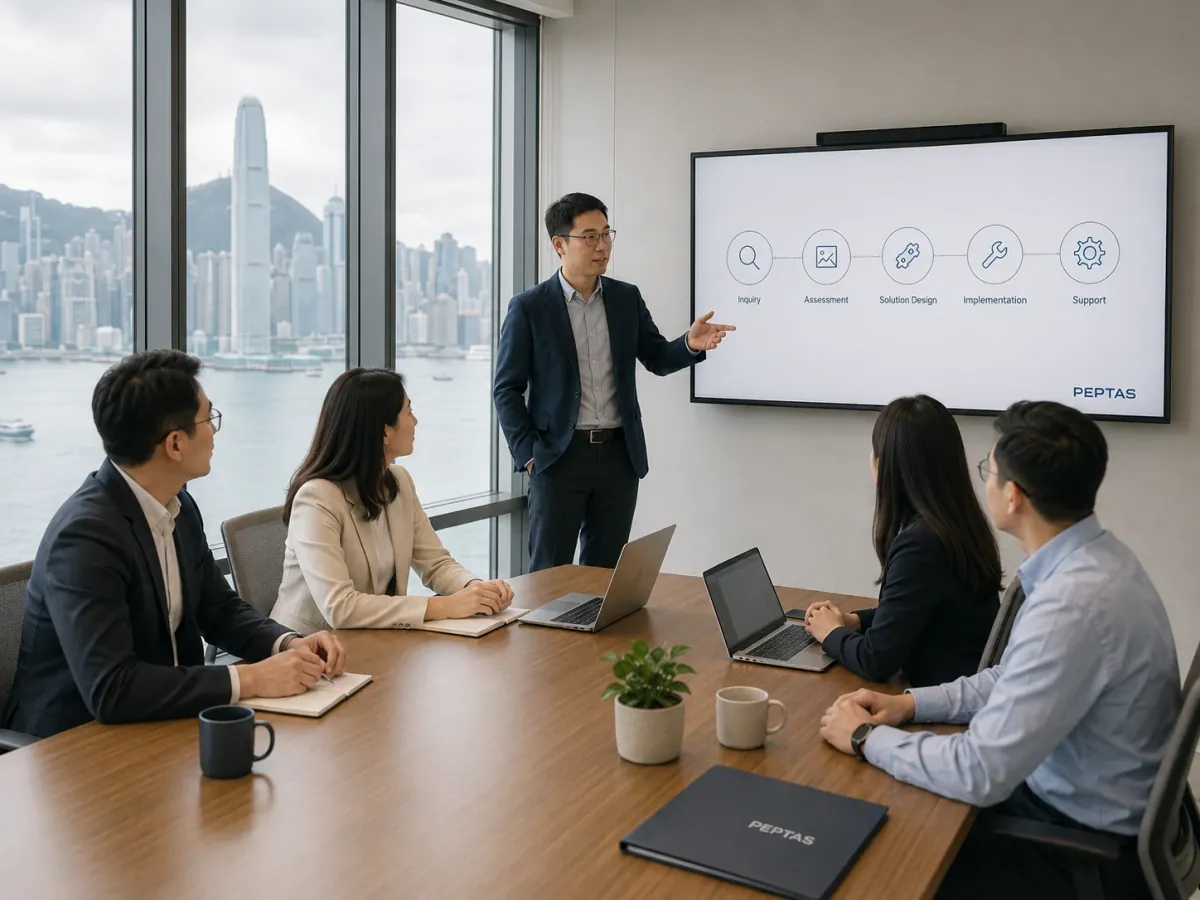 Presenter walking a seated group through a five-step process diagram on a meeting-room screen