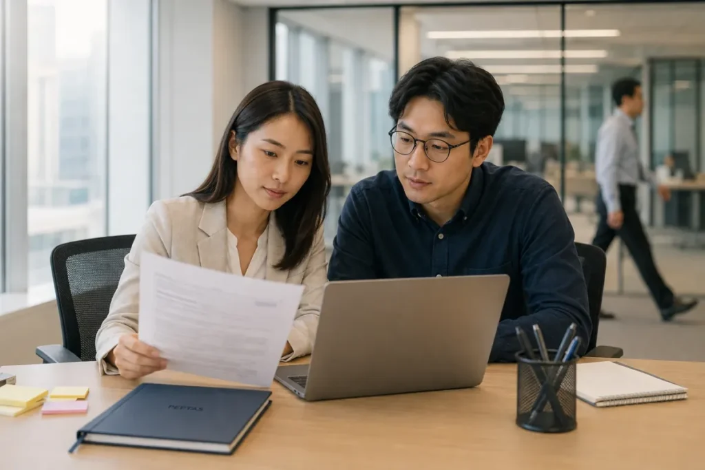 Two colleagues reviewing a printed specification sheet at an office desk