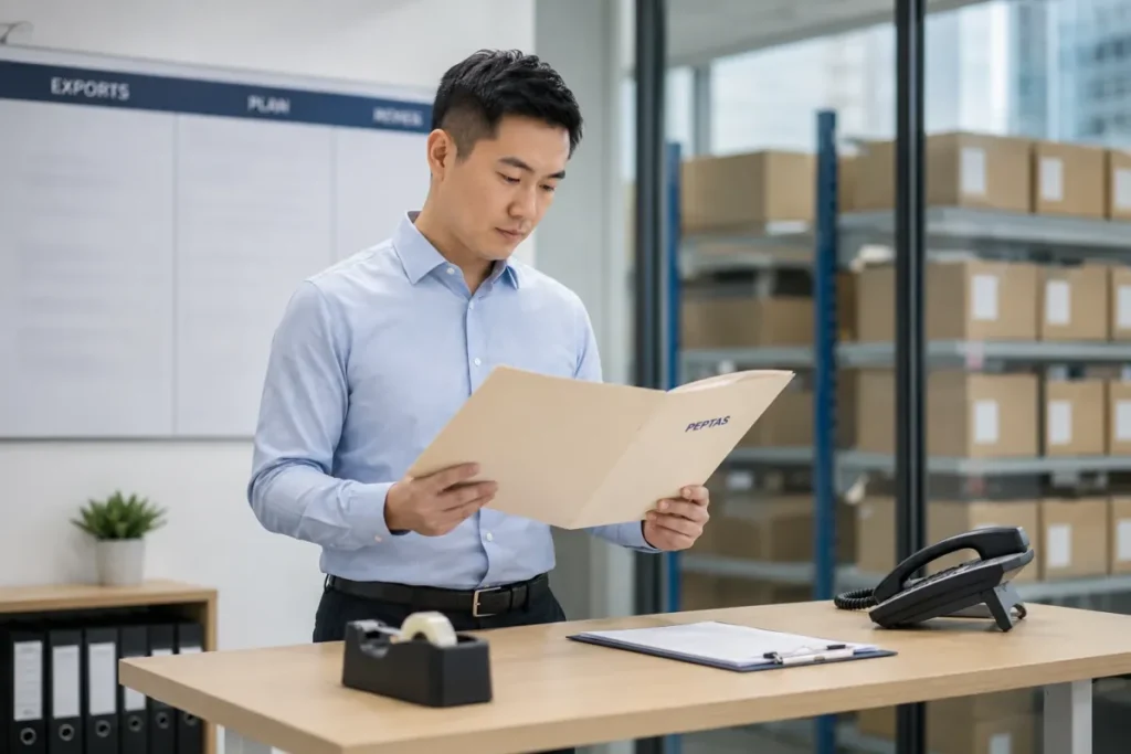 Supply coordinator reviewing a PEPTAS folder beside a wall planner, with stocked shelving in the background